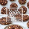 Cocoa banana chickpea cookies collage displaying baked chocolate chickpea cookies scattered on parchment paper and a close up of a bitten cookie on a plate, emphasizing chewy texture, chocolate chips, and banana based healthy cookies.