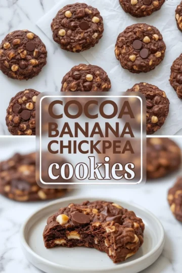 Cocoa banana chickpea cookies collage displaying baked chocolate chickpea cookies scattered on parchment paper and a close up of a bitten cookie on a plate, emphasizing chewy texture, chocolate chips, and banana based healthy cookies.