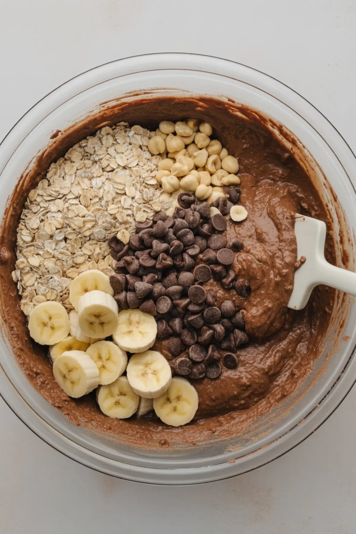 Mixing bowl with cocoa banana chickpea cookie batter topped with sliced banana, rolled oats, chocolate chips, and chickpeas, showing wholesome ingredients for healthy homemade cookies.
