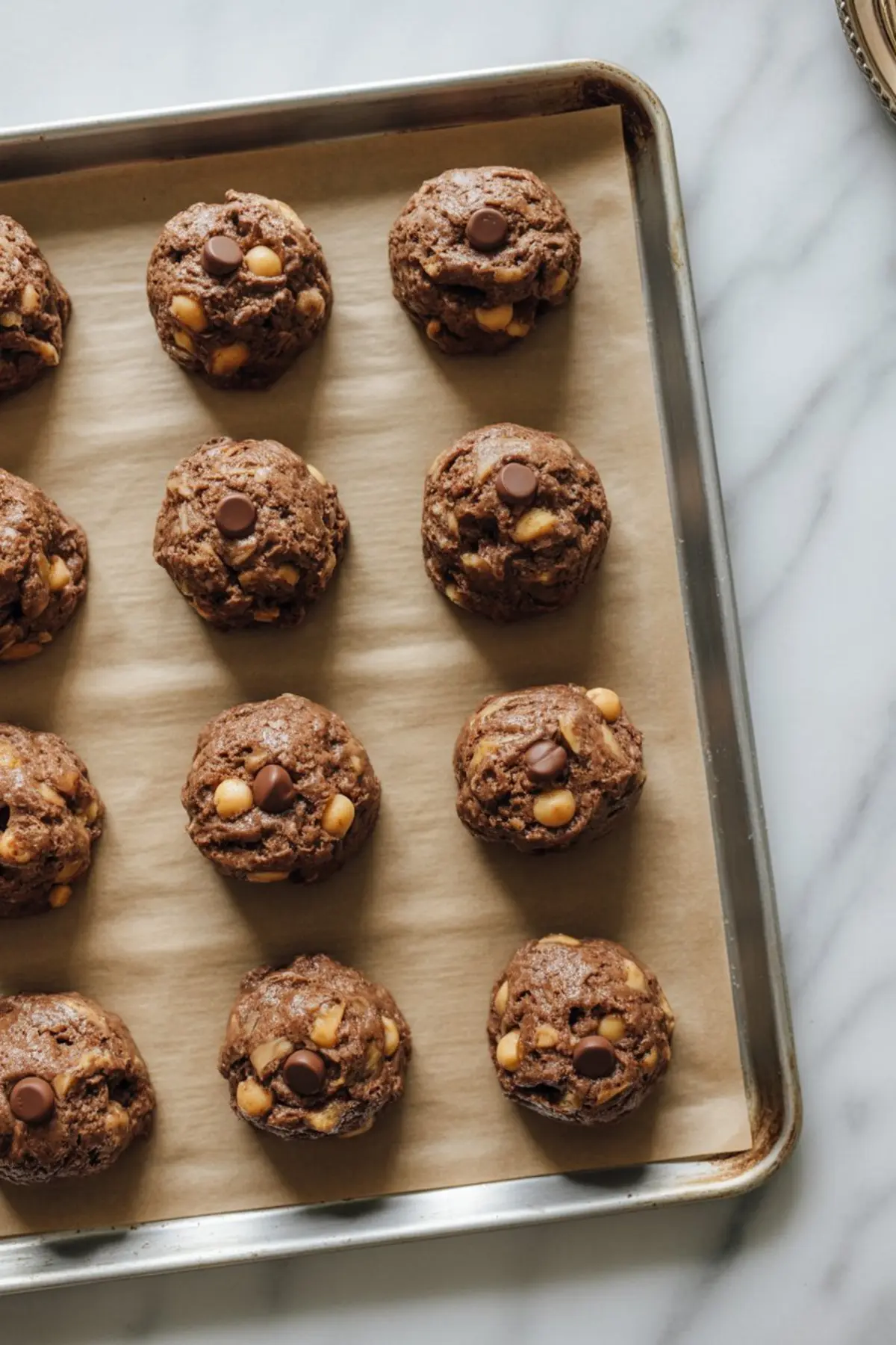 Unbaked cocoa banana chickpea cookie dough balls spaced on a parchment lined baking tray, ready for oven baking as healthy chocolate chickpea cookies.
