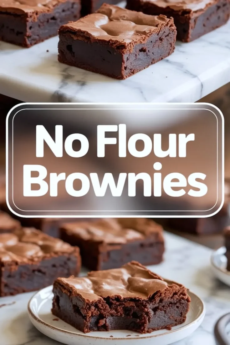 A collage with no flour brownies arranged on a marble slab, showing their glossy crackle tops, with a bold text overlay reading no flour brownies, followed by a rich brownie square on a small plate.