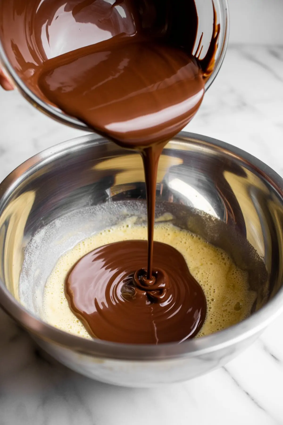 A bowl of melted chocolate pours in a thick stream into a metal mixing bowl filled with beaten eggs on a marble counter.
