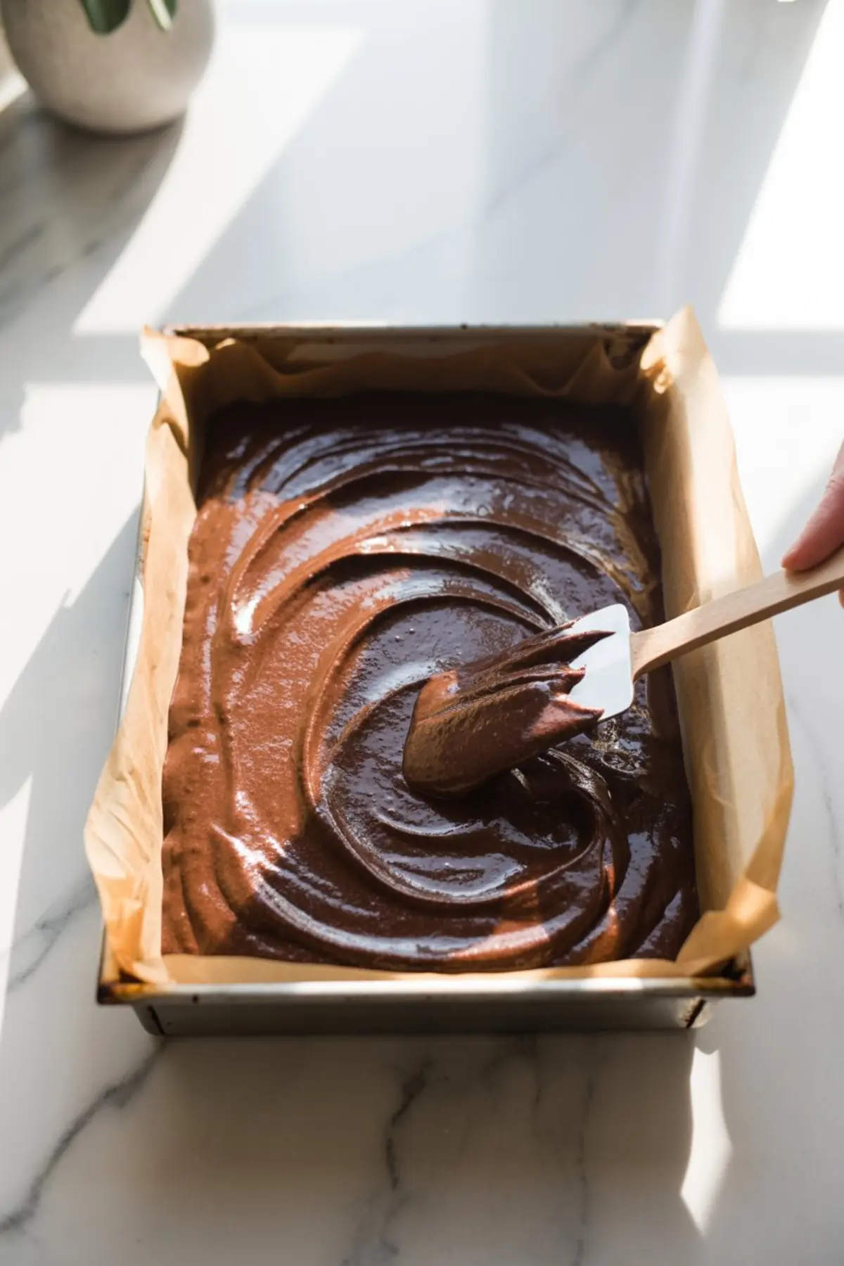 A baking pan lined with parchment paper holds smooth chocolate brownie batter as a spatula spreads the mixture evenly under bright natural light.
