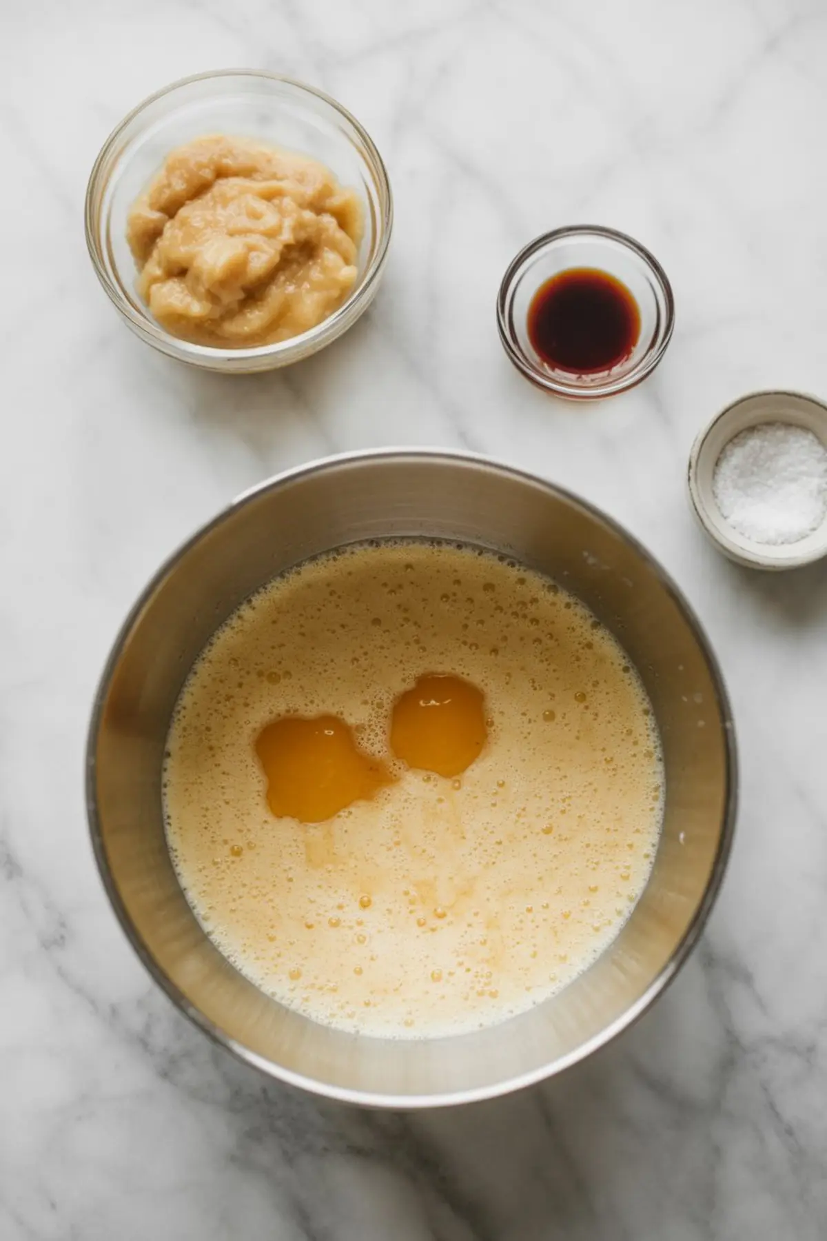 A metal bowl filled with whipped eggs sits on a marble surface surrounded by small bowls holding applesauce, vanilla extract, and salt.
