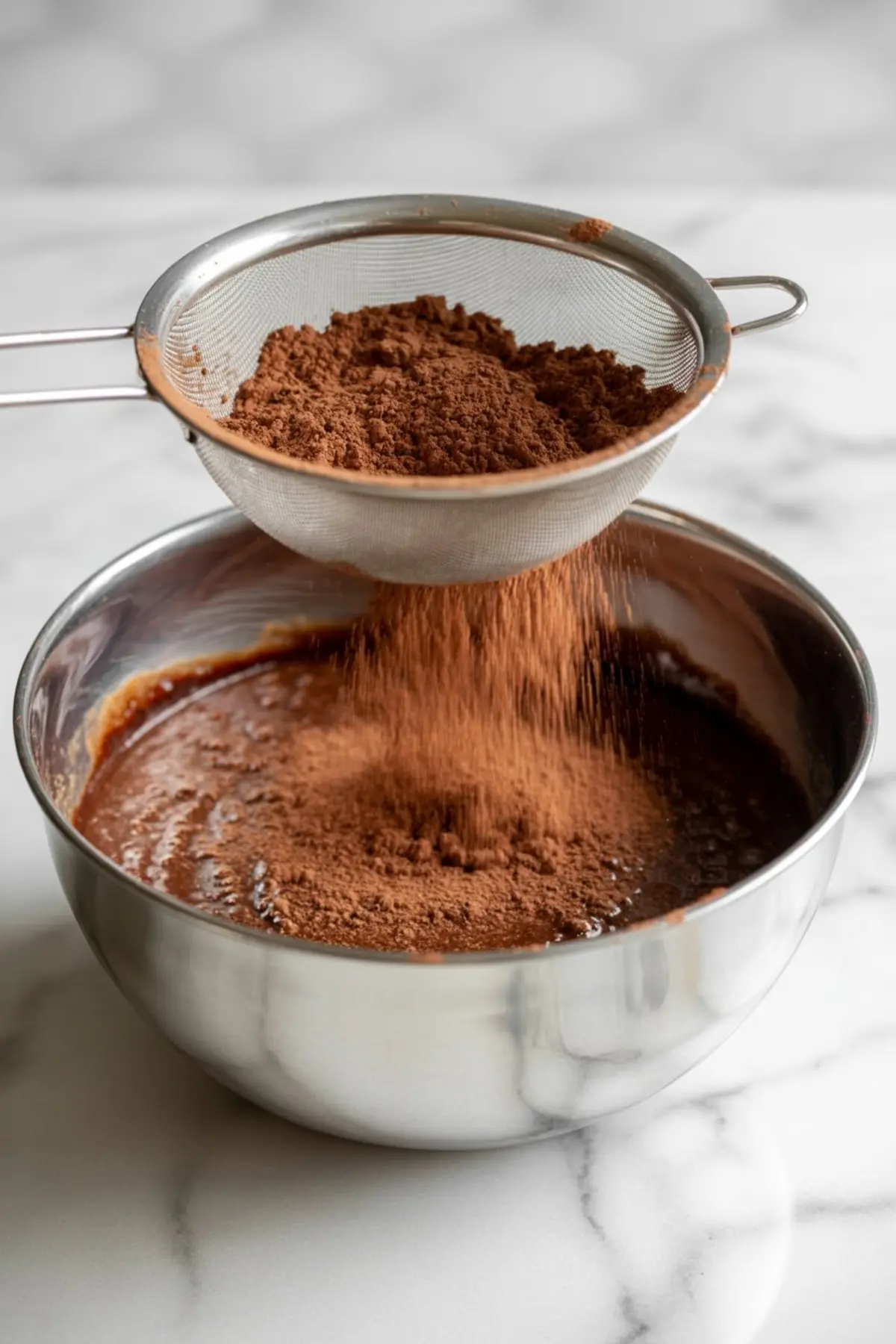 A metal sieve releases a shower of cocoa powder into a bowl of chocolate batter on a marble countertop.
