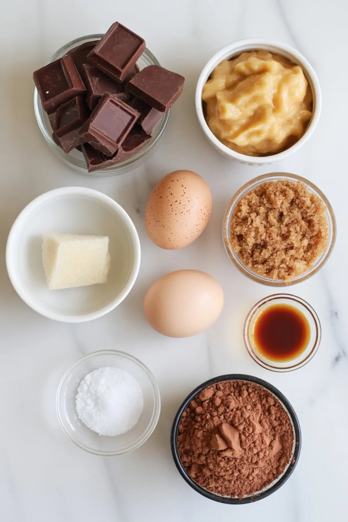 A flat lay of brownie ingredients shows chocolate chunks, applesauce, eggs, sugar, brown sugar, vanilla extract, salt, and cocoa powder arranged on a marble surface.
