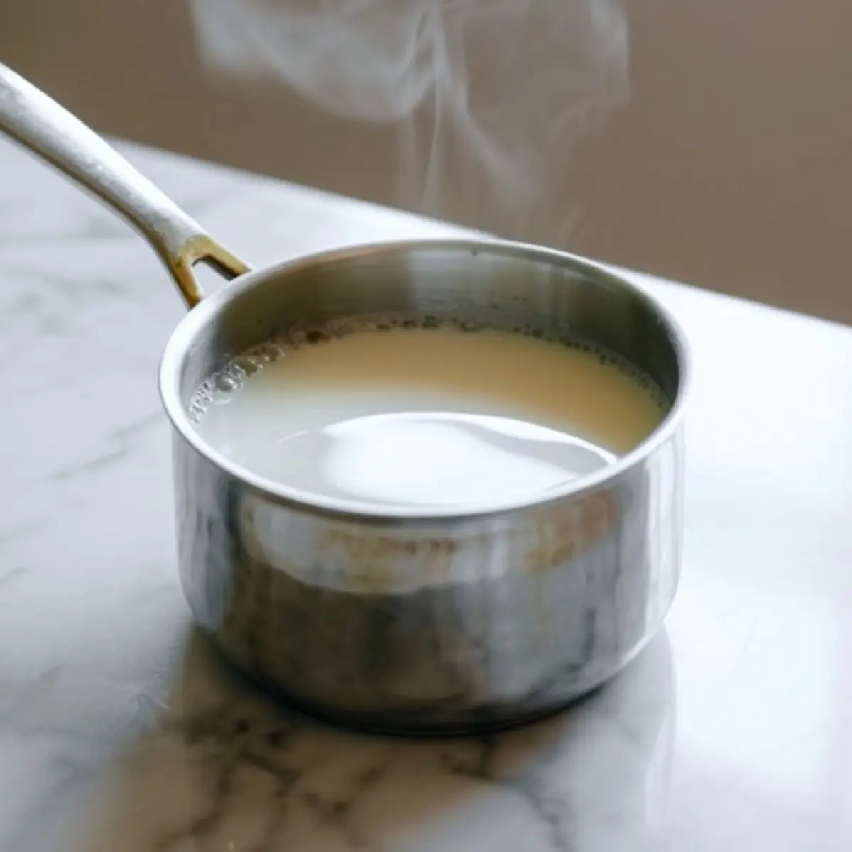 Steaming plant-based almond milk heating in a stainless steel saucepan on a marble countertop.