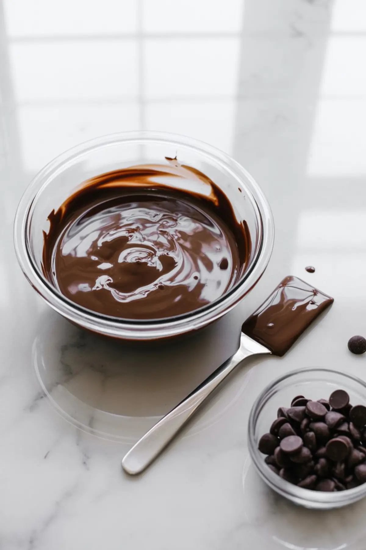 Glass bowl of melted dark chocolate with a metal spatula and scattered chocolate chips on a bright marble countertop.