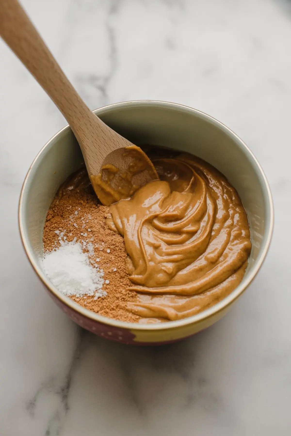 Mixing bowl with creamy peanut butter, coconut sugar, and sea salt, stirred with a wooden spoon on a light marble surface.