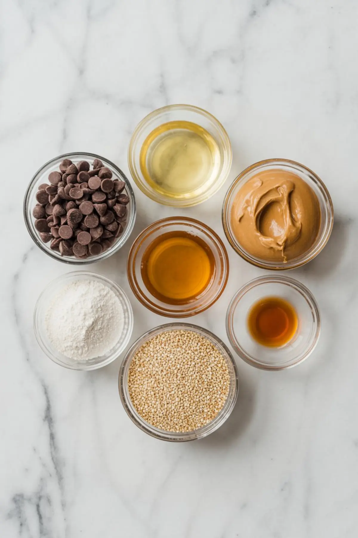 Top view of small glass bowls filled with peanut butter, maple syrup, coconut flour, puffed quinoa, vanilla extract, coconut oil, and chocolate chips arranged on a marble surface.