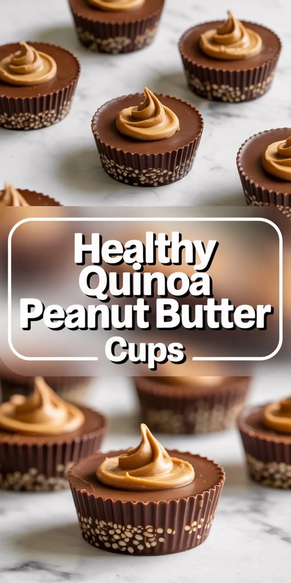 Two stacked images of chocolate quinoa peanut butter cups topped with a swirl of peanut butter, displayed with bold white text overlay reading “Healthy Quinoa Peanut Butter Cups” on a clean marble background.