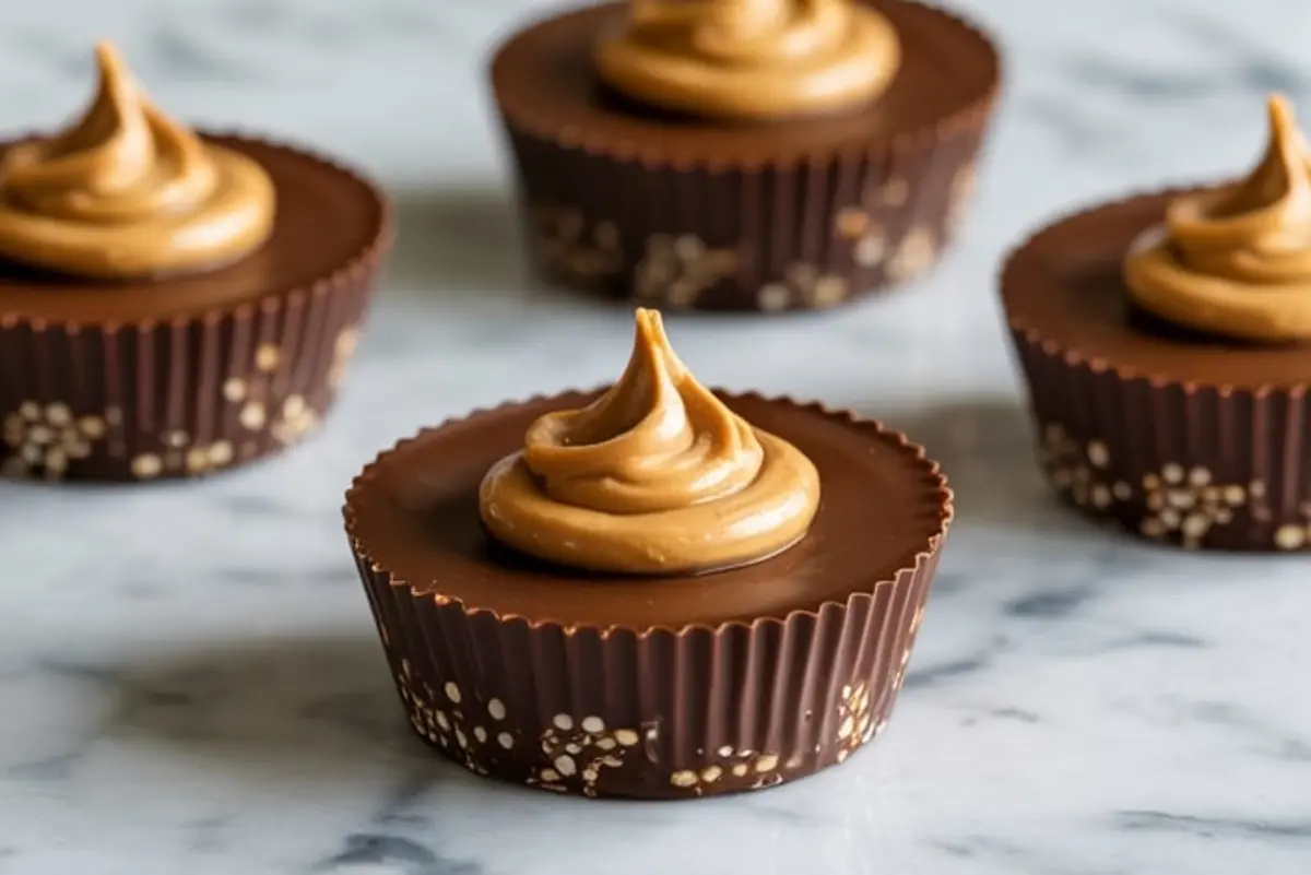 Close-up of healthy chocolate quinoa peanut butter cups with creamy peanut butter swirls, arranged on a marble surface.