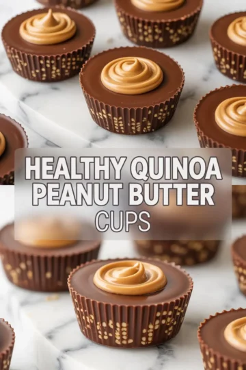 Vertical collage of healthy quinoa peanut butter cups with smooth chocolate tops and crunchy quinoa base, topped with peanut butter swirls and bold text overlay saying “Healthy Quinoa Peanut Butter Cups.”