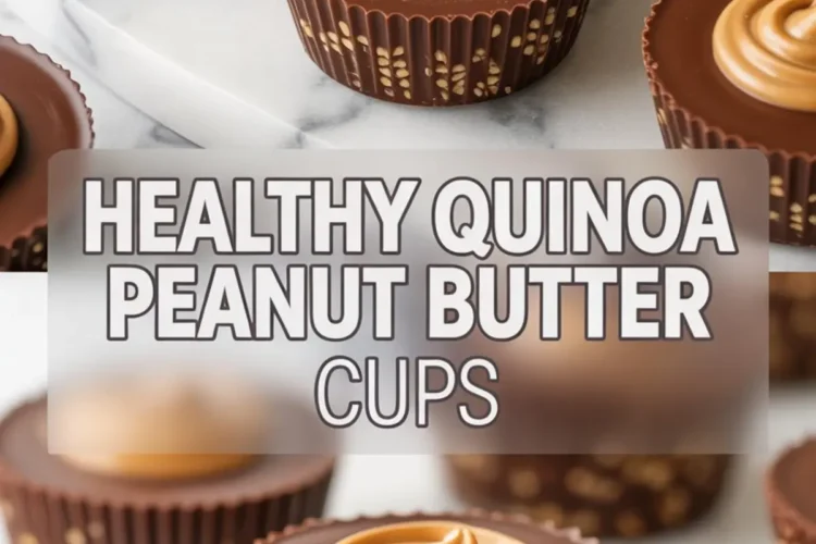 Vertical collage of healthy quinoa peanut butter cups with smooth chocolate tops and crunchy quinoa base, topped with peanut butter swirls and bold text overlay saying “Healthy Quinoa Peanut Butter Cups.”