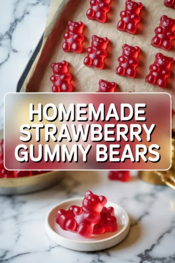 Freshly made strawberry gummy bears arranged in rows on a baking sheet lined with parchment paper. A small ceramic dish in the foreground holds a pile of red gummy bears, placed on a marble countertop with strong daylight illumination.