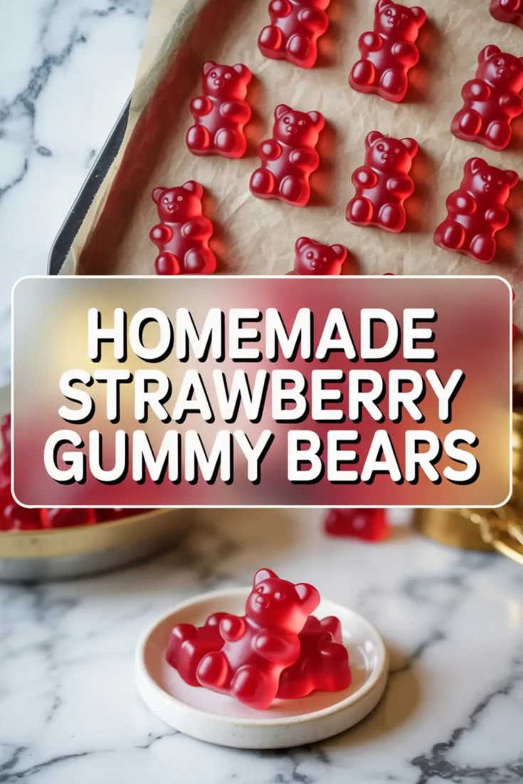 Freshly made strawberry gummy bears arranged in rows on a baking sheet lined with parchment paper. A small ceramic dish in the foreground holds a pile of red gummy bears, placed on a marble countertop with strong daylight illumination.