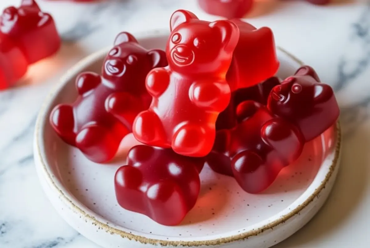 Close-up shot of bright red strawberry gummy bears stacked on a small round ceramic plate. The bear-shaped gummies are glossy and vibrant, photographed on a marble surface for a clean and appealing look.

