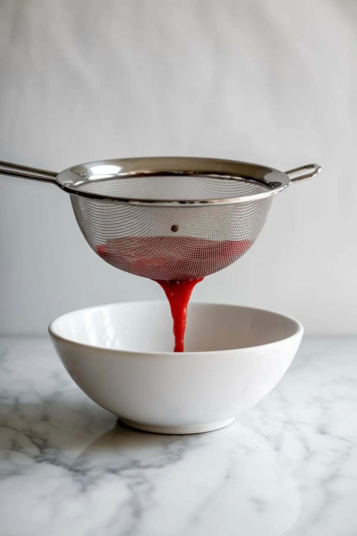 Red strawberry purée being strained through a fine mesh sieve into a white ceramic bowl. The vivid liquid drips down cleanly, set on a marble countertop against a plain background, illustrating a step in gummy bear preparation.
