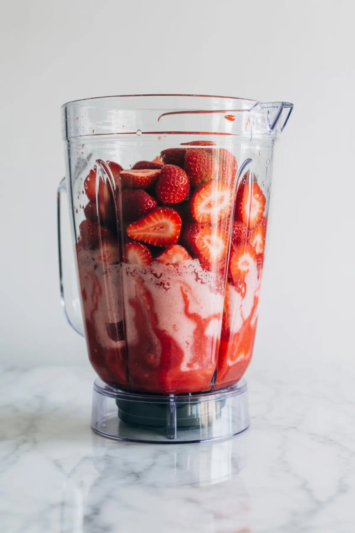 Transparent blender jar filled with halved fresh strawberries and red blended purée. The ingredients are partially processed and positioned on a marble surface, showcasing the initial step in making homemade fruit-based gummy bears.
