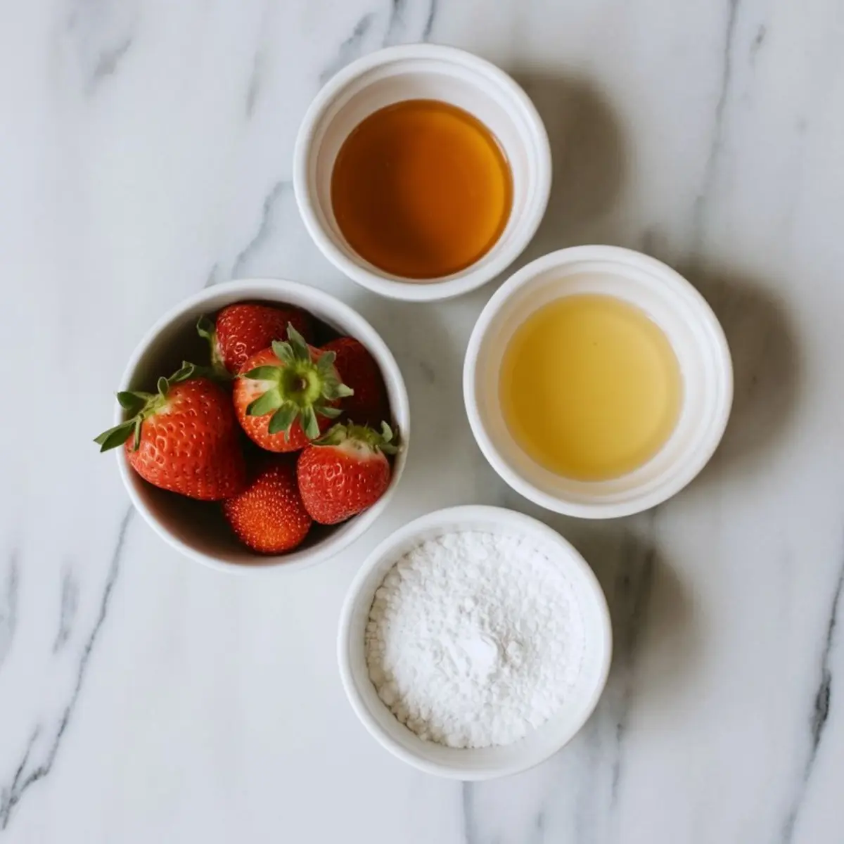 Top view of small white bowls holding ingredients for strawberry gummy bears, including fresh strawberries, honey, lemon juice, and powdered gelatin. Arranged neatly on a marble surface for a clear visual of natural gummy bear components.
