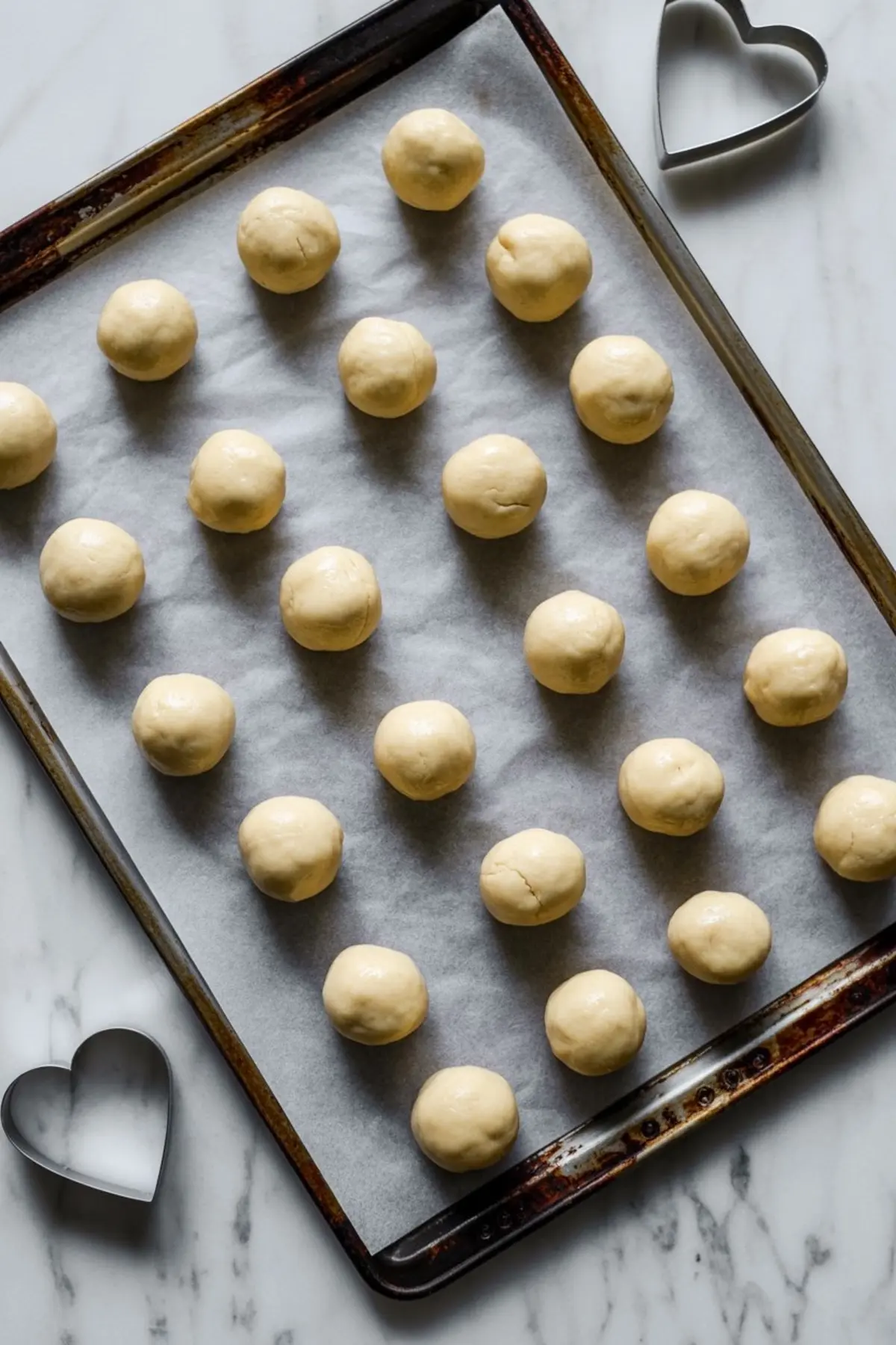 Round cookie dough balls evenly spaced on a parchment-lined baking sheet, ready for baking, with two heart-shaped cookie cutters placed on the marble counter.
