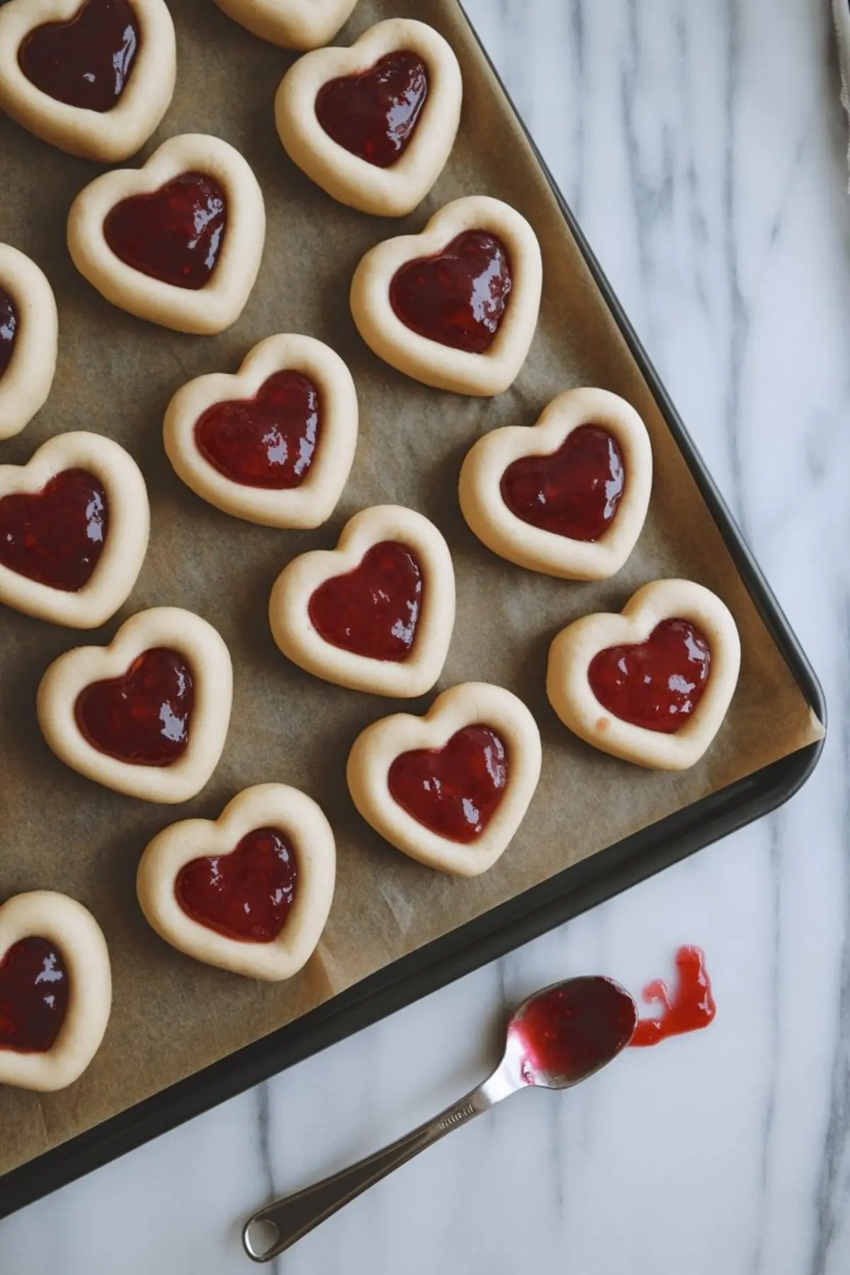 Heart-shaped thumbprint cookies filled with glossy red jam arranged neatly on a baking tray with a spoon of jam on the side, set against a white marble background.

