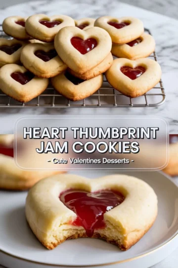 Pinterest collage with heart-shaped thumbprint cookies stacked on a wire rack in the top frame, and a close-up of a bitten cookie on a plate in the bottom frame, with overlay text “Heart Thumbprint Jam Cookies – Cute Valentines Desserts.”