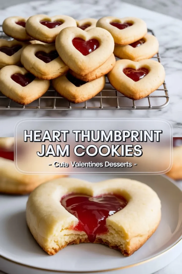 Pinterest collage with heart-shaped thumbprint cookies stacked on a wire rack in the top frame, and a close-up of a bitten cookie on a plate in the bottom frame, with overlay text “Heart Thumbprint Jam Cookies – Cute Valentines Desserts.”