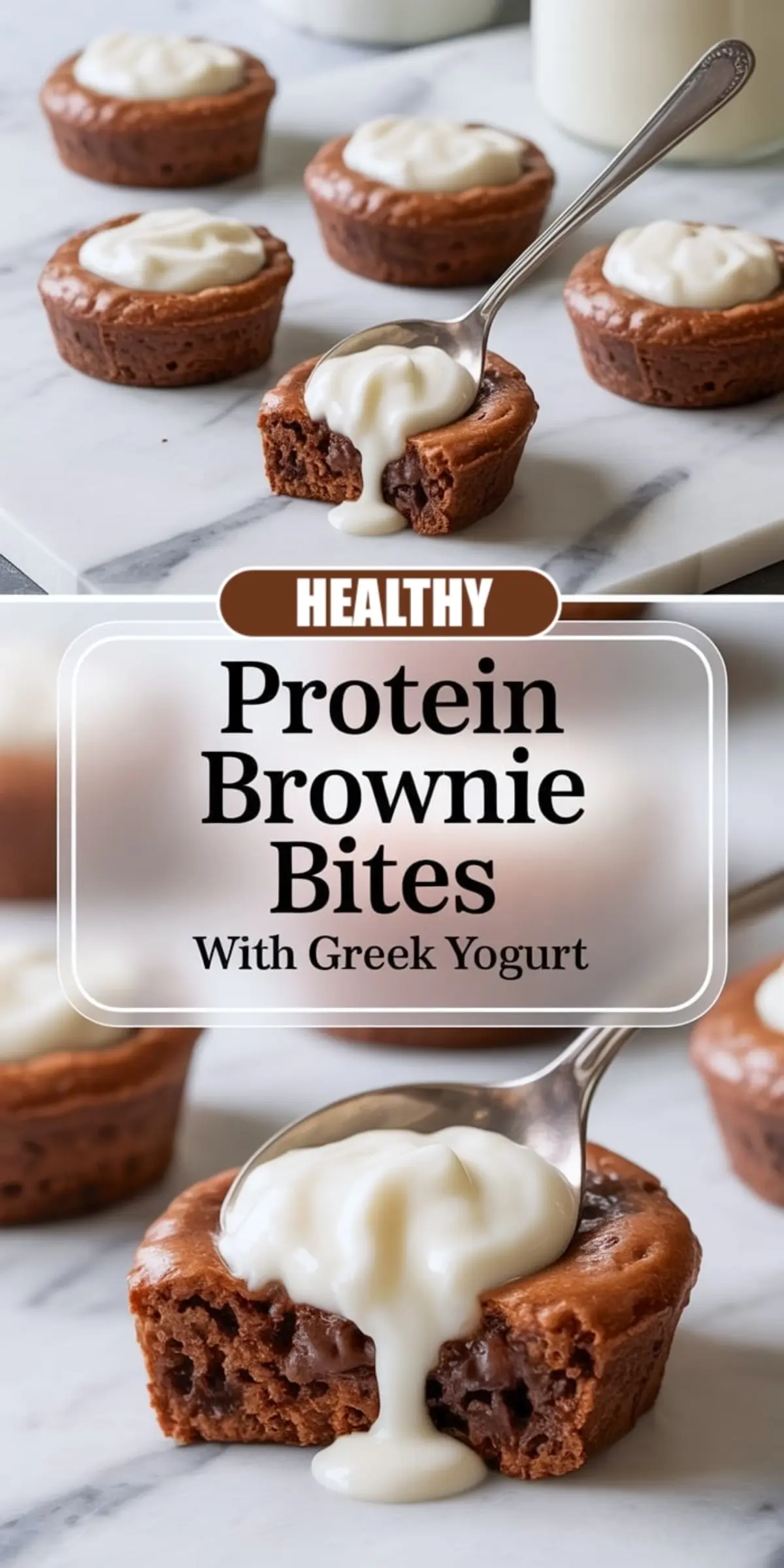 Vertical collage shows small chocolate brownie bites topped with a swirl of Greek yogurt frosting on a marble surface, with bold text reading high protein brownie bites with greek yogurt and a close-up of a bitten brownie revealing a moist chocolate center.
