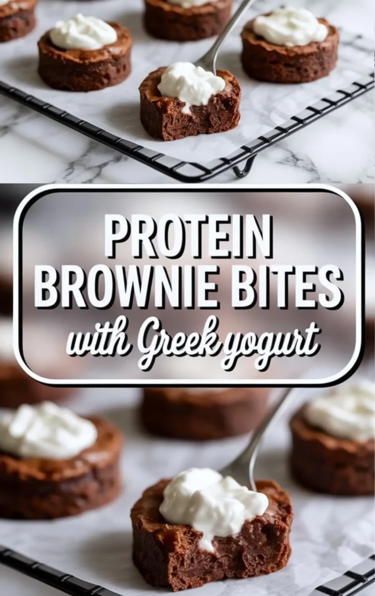 Vertical collage displays chocolate protein brownie bites on parchment paper with a spoon adding Greek yogurt topping, paired with bold text reading protein brownie bites with Greek yogurt in a clean baking setup.