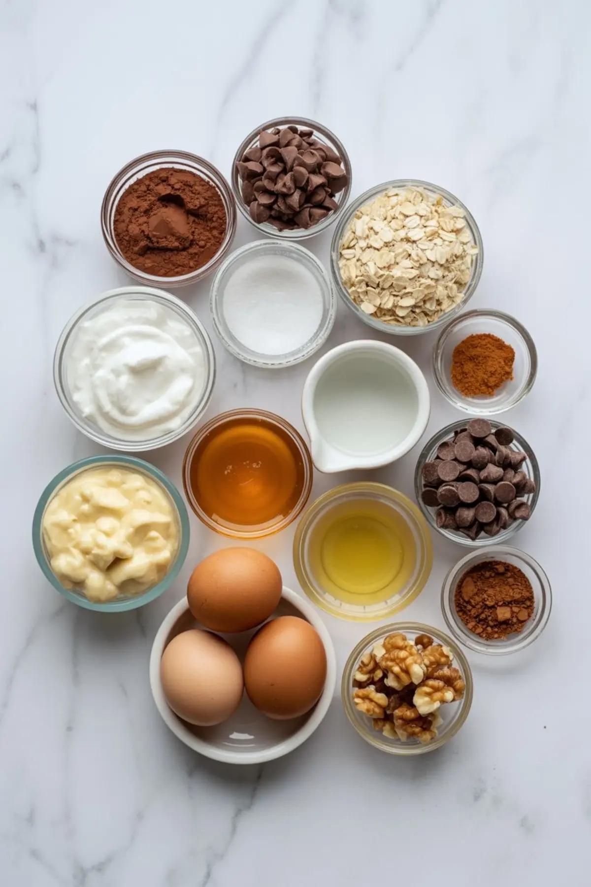 Measured ingredients for protein brownies are arranged on a marble countertop, including Greek yogurt, eggs, oats, cocoa powder, honey, oil, chocolate chips, walnuts, milk, cinnamon, and protein powder in small bowls.
