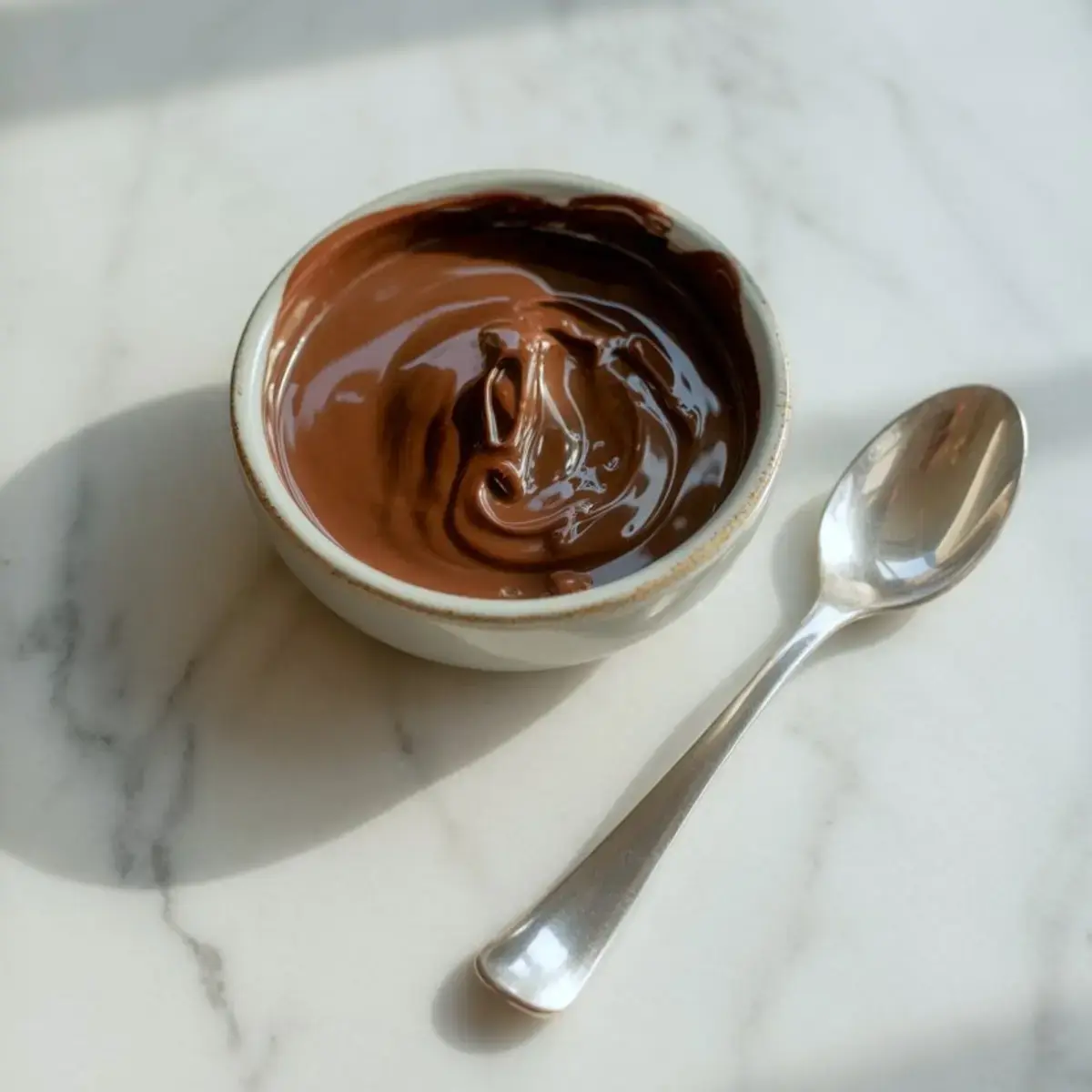 Small ceramic bowl filled with smooth, melted chocolate placed next to a silver spoon on a sunlit white marble surface.
