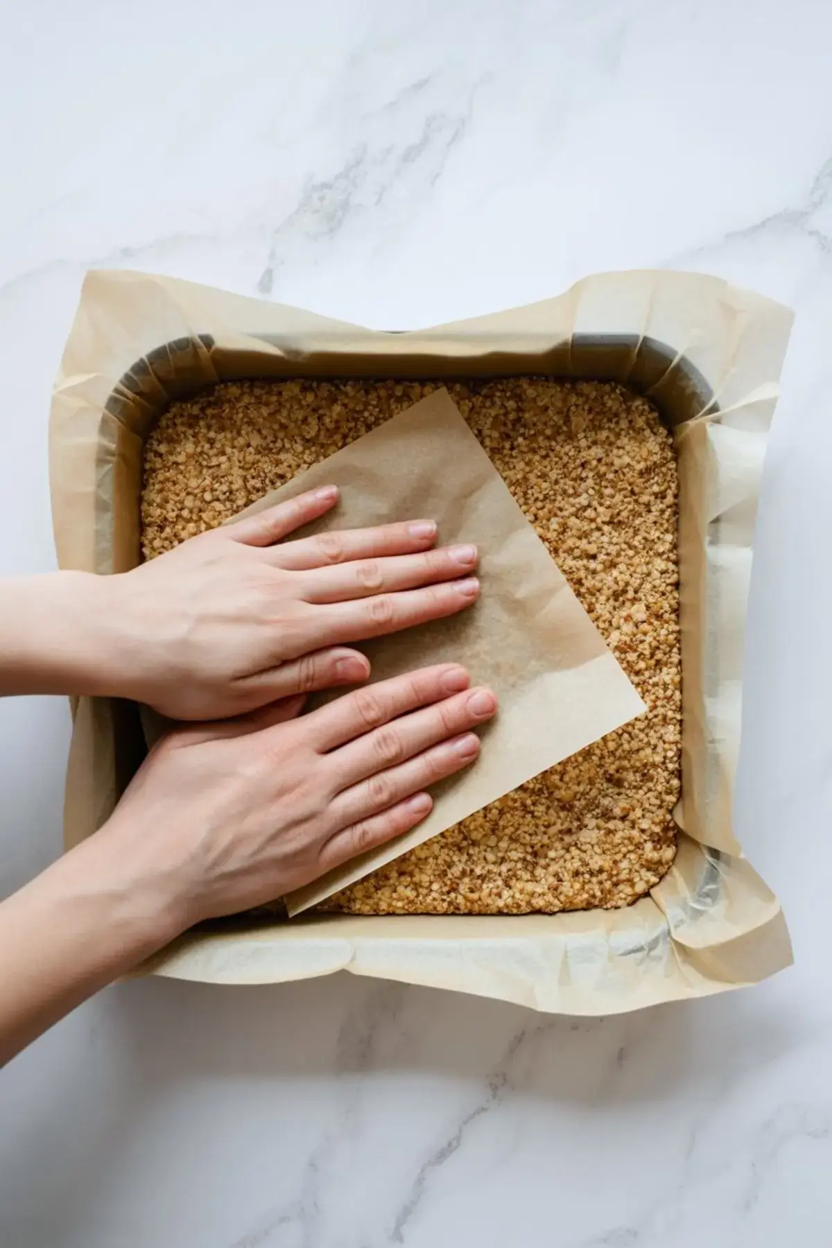 Hands pressing a sheet of parchment paper over a tray of puffed quinoa and oat mixture to form the base of homemade protein bars.
