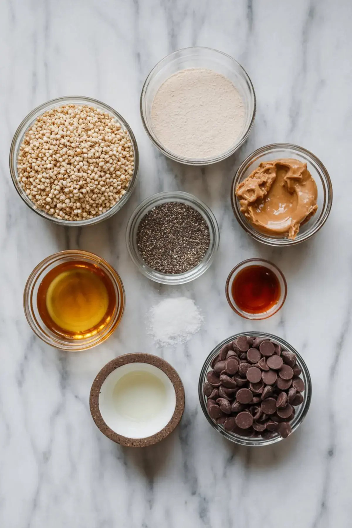 Flat lay of puffed quinoa protein bar ingredients on marble, including peanut butter, chocolate chips, maple syrup, vanilla, chia seeds, protein powder, coconut oil, and sea salt.
