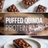Pinterest collage with puffed quinoa protein bars labeled in bold white text, showing top and close-up views of the chocolate-coated bars with a crispy quinoa center.