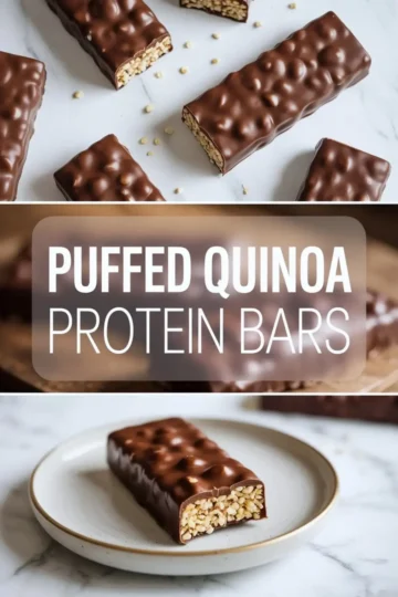 Pinterest collage with puffed quinoa protein bars labeled in bold white text, showing top and close-up views of the chocolate-coated bars with a crispy quinoa center.