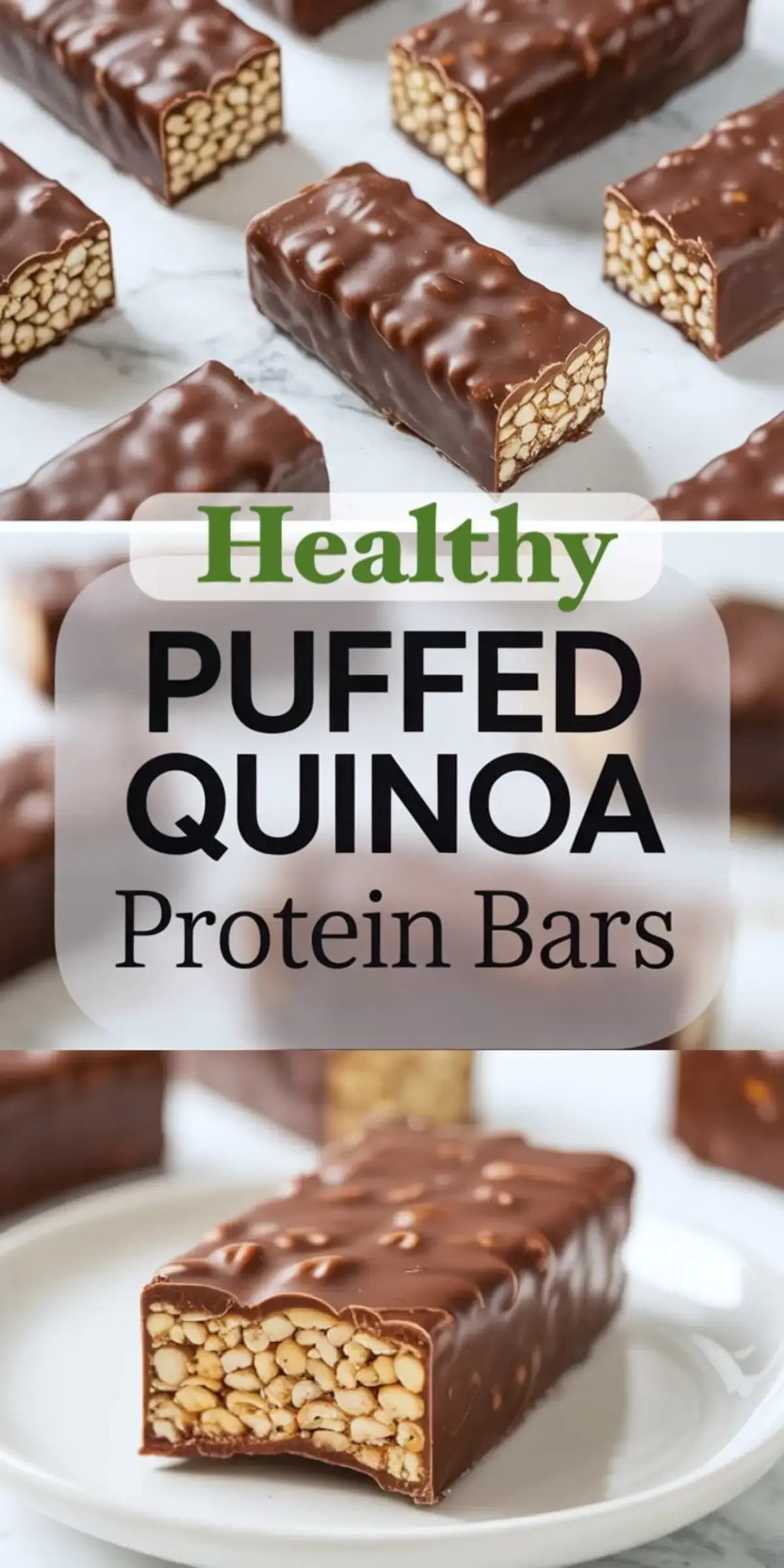 Pinterest collage labeled “Healthy Puffed Quinoa Protein Bars” with multiple chocolate-covered bars displayed overhead and one with a bite taken out placed on a white plate.
