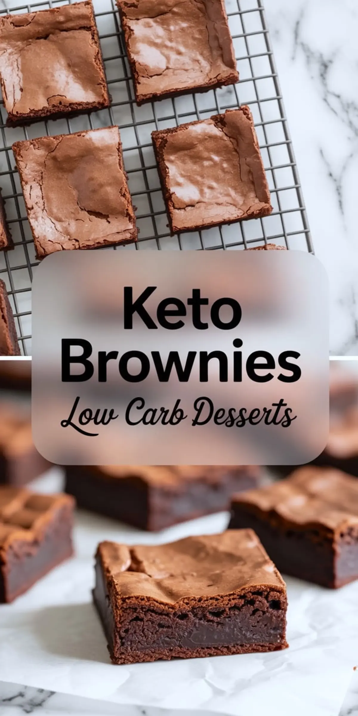 Collage featuring keto brownies on a cooling rack above and sliced brownies on parchment paper below, with text overlay reading “Keto Brownies, Low Carb Desserts.”