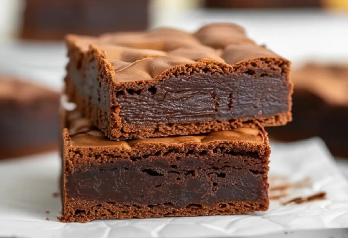 Close-up of two stacked keto brownies with a fudgy chocolate center and crisp crackly tops, displayed on white parchment paper.