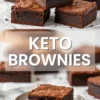 Collage showing a stack of keto brownies on top and a bitten brownie on a white plate below, with centered text label reading “Keto Brownies.”