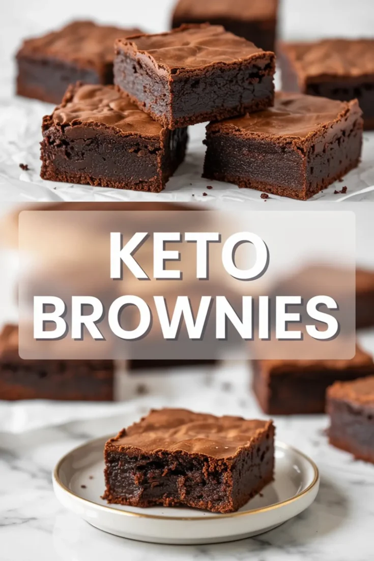 Collage showing a stack of keto brownies on top and a bitten brownie on a white plate below, with centered text label reading “Keto Brownies.”