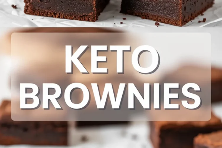 Collage showing a stack of keto brownies on top and a bitten brownie on a white plate below, with centered text label reading “Keto Brownies.”