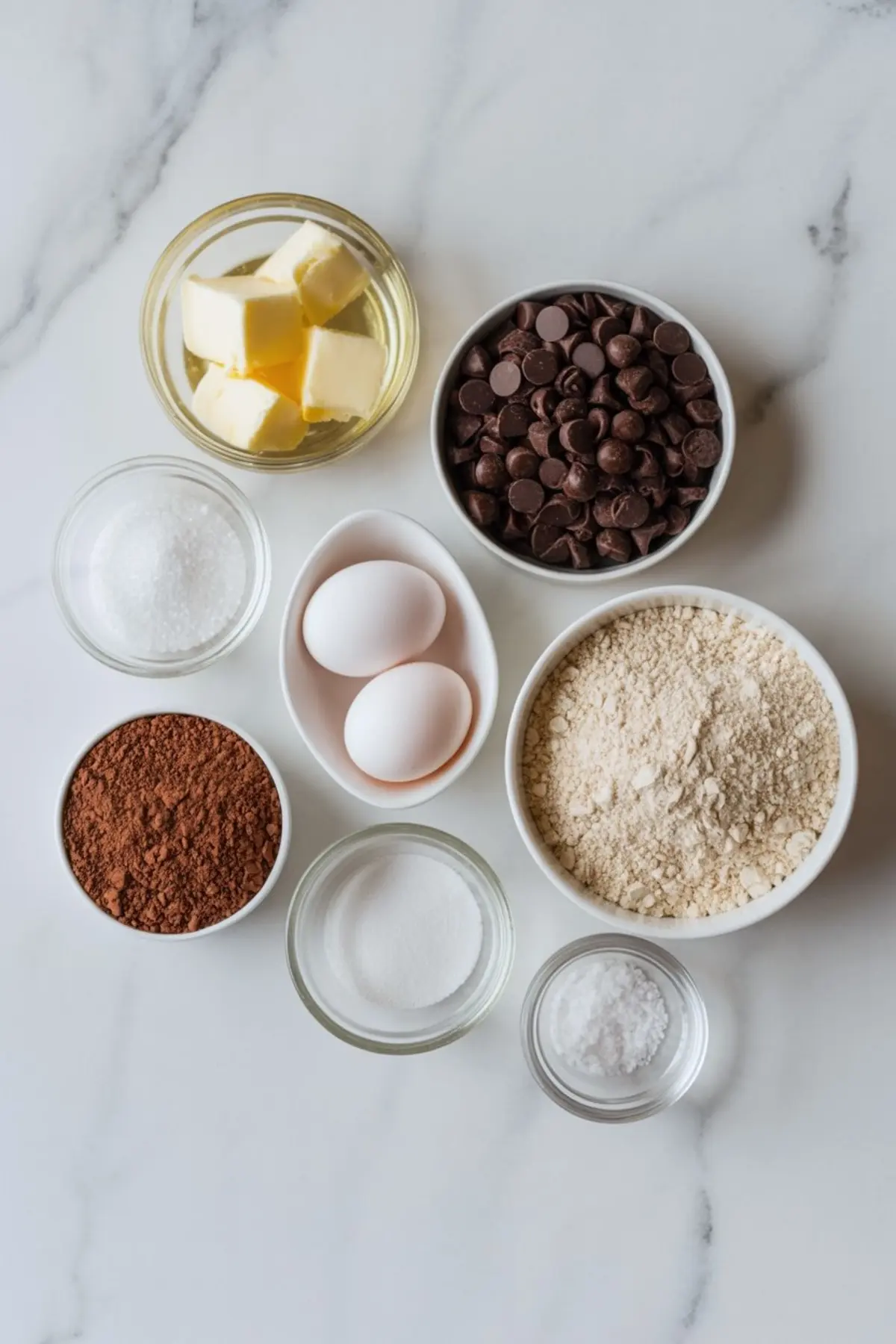 Flat lay of keto brownie ingredients in small bowls including butter, chocolate chips, cocoa powder, almond flour, sweetener, salt, and eggs on a white marble background.