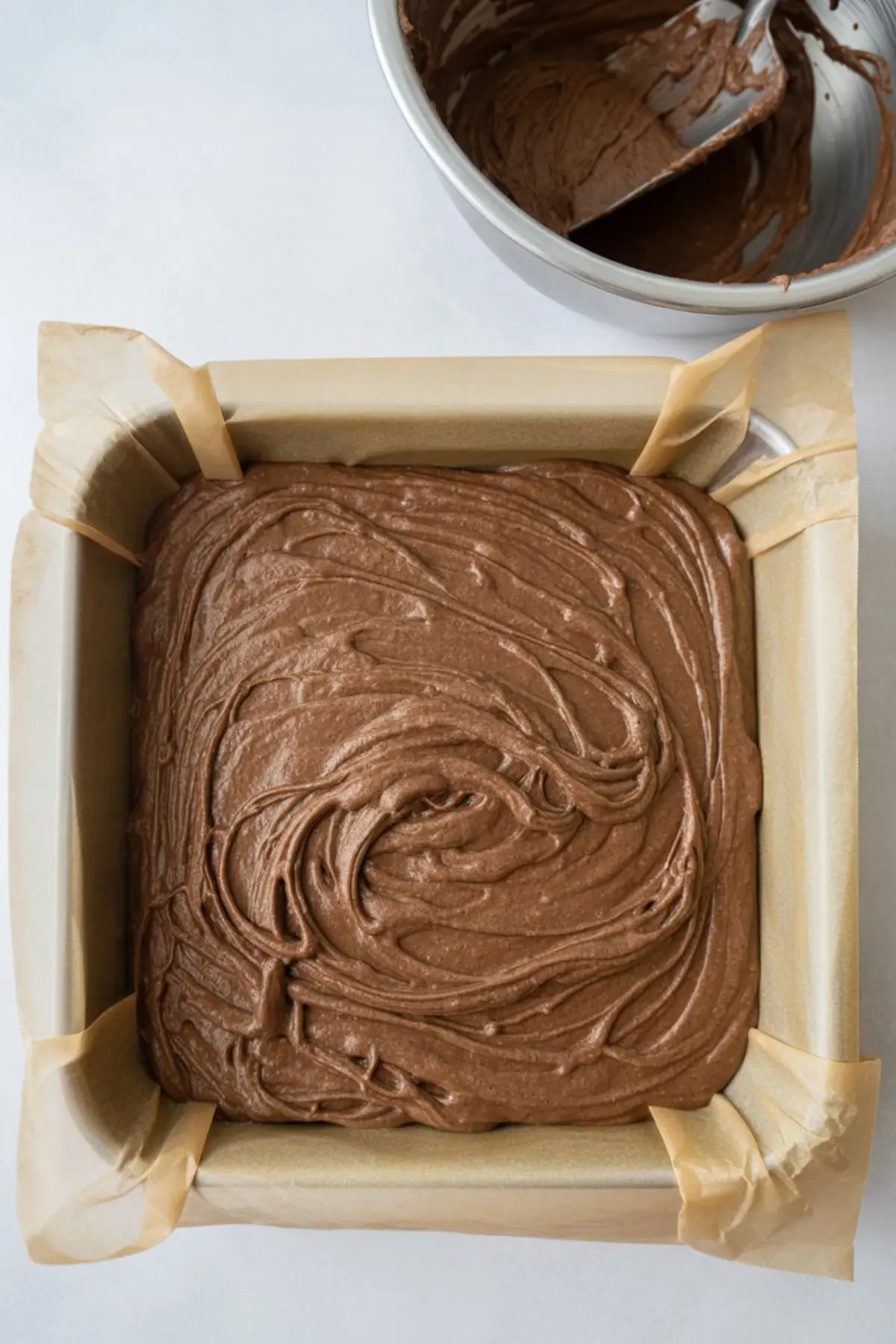 Unbaked keto brownie batter swirled into a square parchment-lined metal pan, ready for baking.
