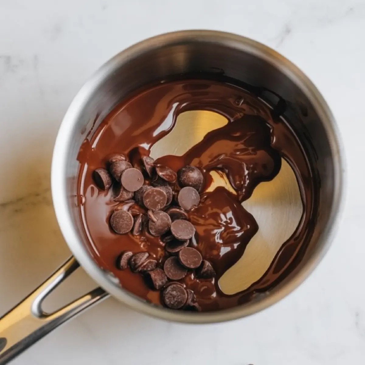 Melting sugar-free chocolate chips in a stainless steel saucepan over low heat, partially melted and glossy.