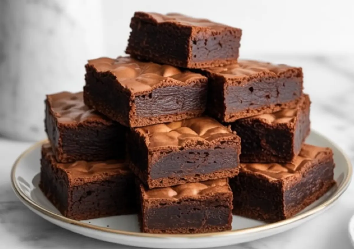 Plate stacked with thick keto brownies featuring dense chocolate interiors and crackled tops, arranged for serving.