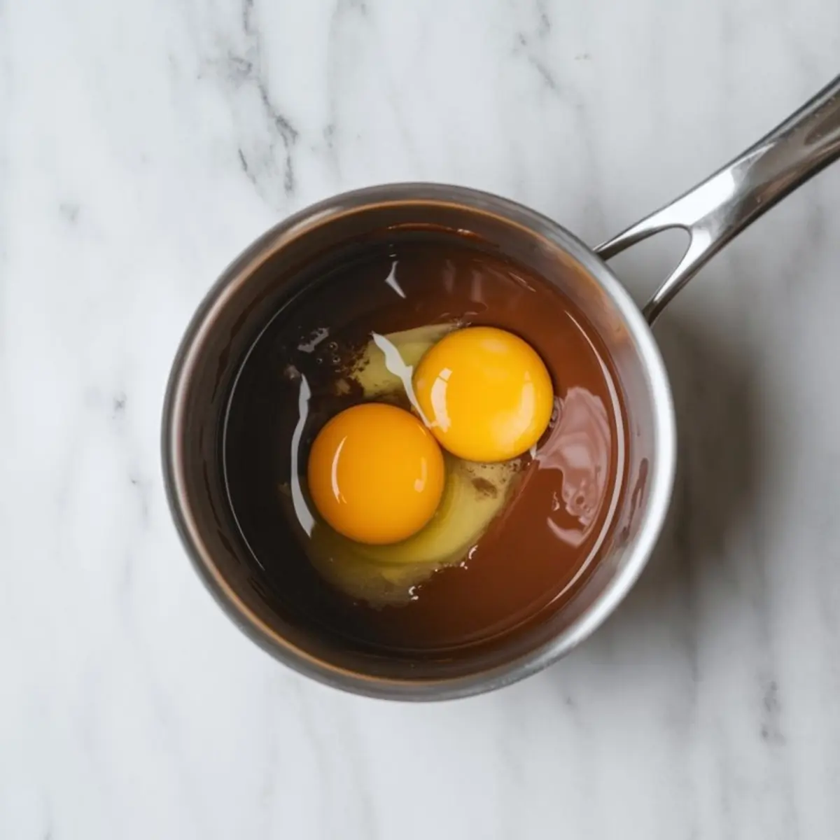 Overhead shot of two raw eggs cracked into a saucepan filled with melted chocolate mixture, ready to be whisked.