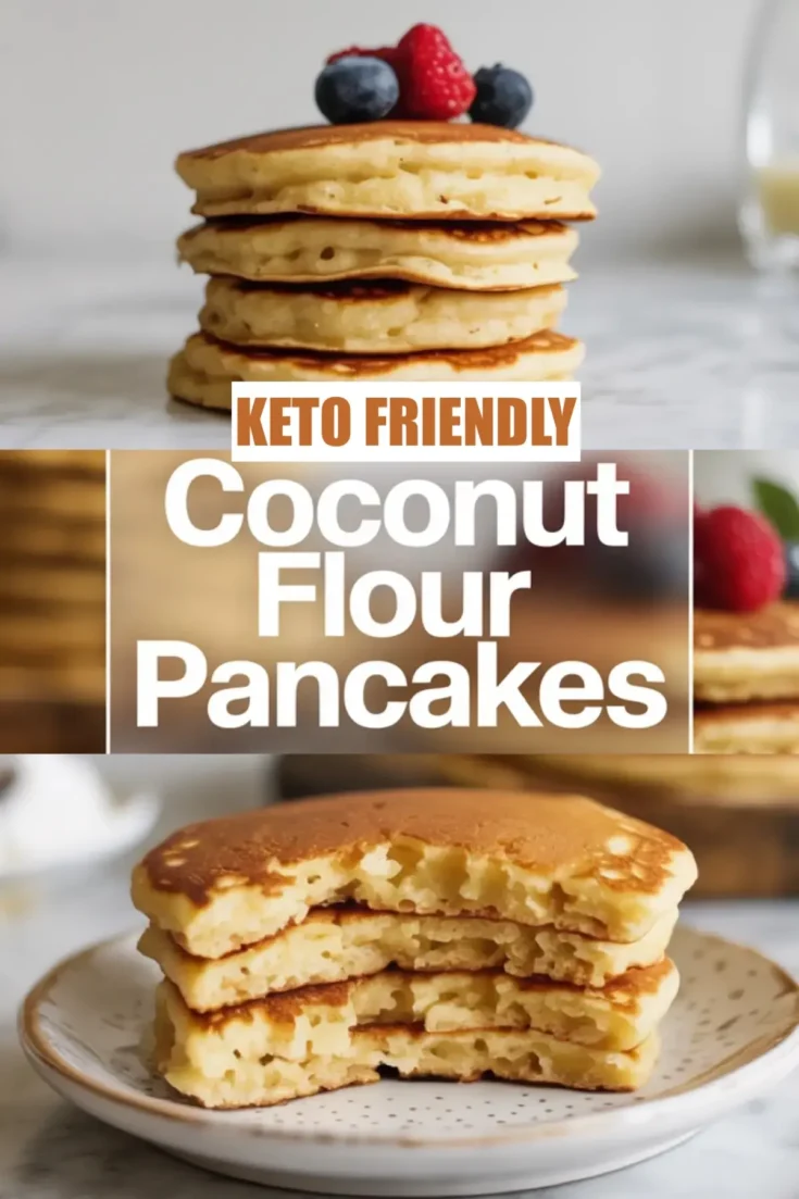 A tall stack of coconut flour pancakes topped with blueberries and raspberries sits on a marble surface, paired with a bold text overlay reading keto friendly coconut flour pancakes, with a lower image showing fluffy sliced pancakes on a speckled plate.