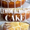 Triple-panel view of a lemon almond cake topped with sliced almonds and thick lemon glaze, featuring a whole cake, sliced interior, and individual plated piece with a tender, golden texture. Great visual for citrus almond cake recipes or lemon dessert boards.