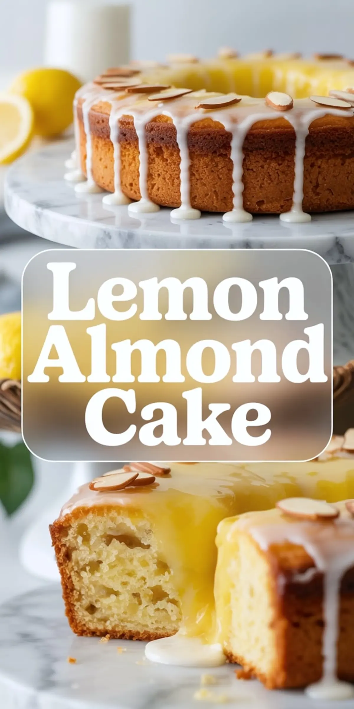 Lemon almond cake with glossy white glaze and sliced almonds on top, shown whole and cut open to reveal a moist crumb and thick lemon curd filling dripping over the edges. Bright, citrusy dessert inspiration for spring baking, brunch, or tea party desserts.